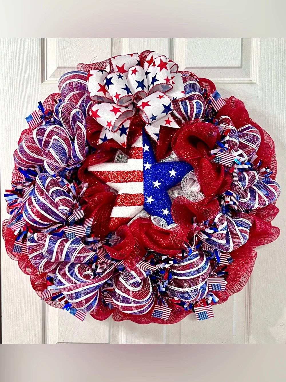Handmade Patriotic Red, White & Blue with Star Deco Mesh Holiday Wreath